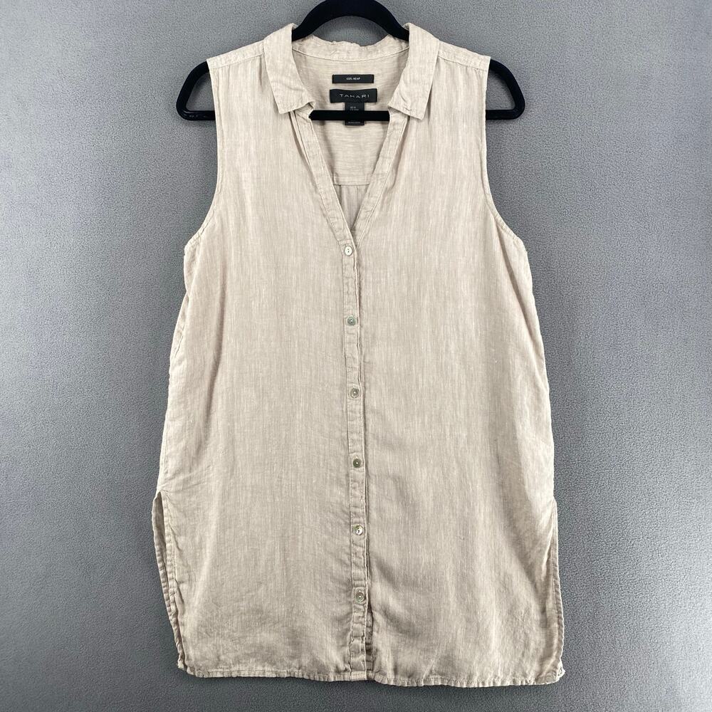 Tahari Hemp Button Front Sleeveless Tunic Womens M Tan Lagenlook Coastal Chic